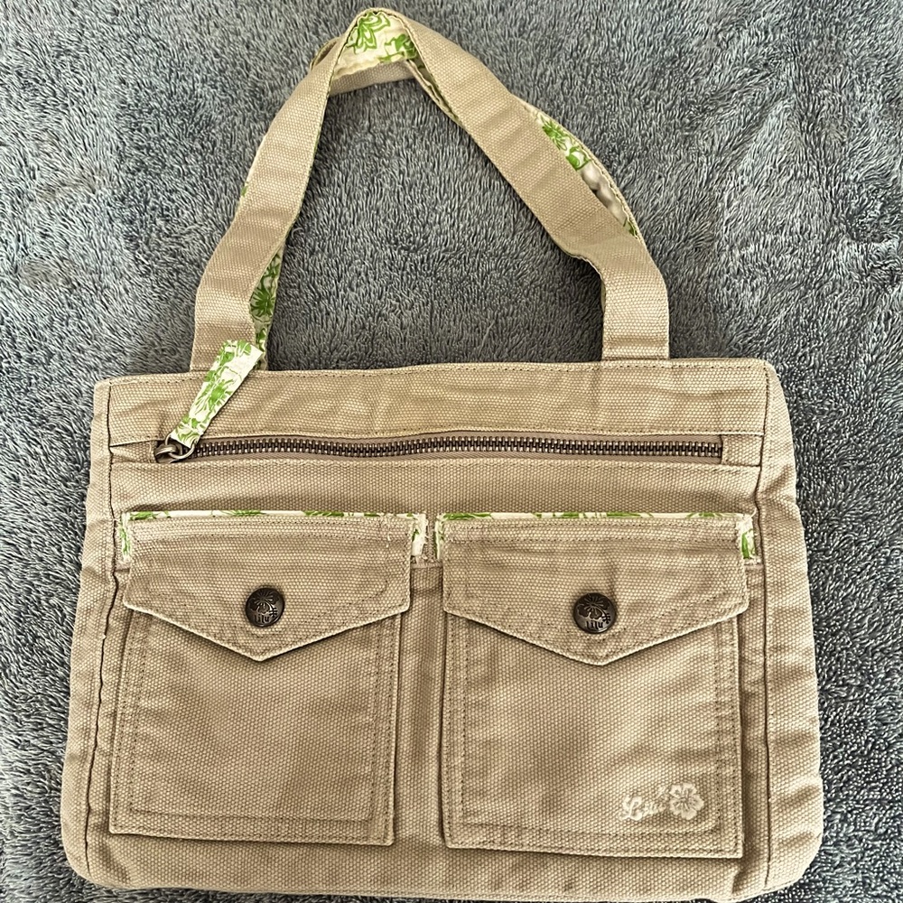 Lilu Tan Fabric Tote Bag with Lime Green Accents